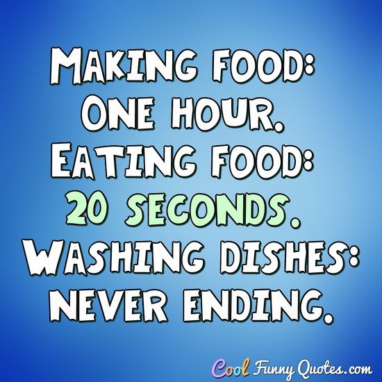 Making food: 1 hour. Eating food: 20 seconds. Washing dishes: never ending. - Anonymous